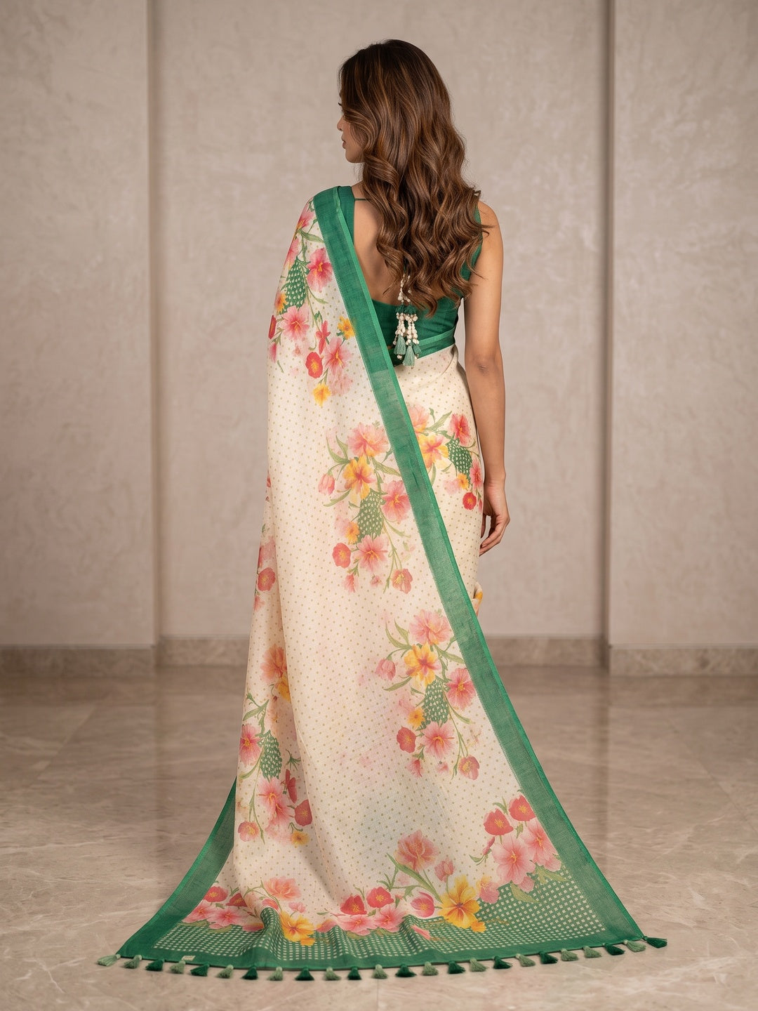 Peachmode Off White Green Floral Soft Linen Saree - Image 4