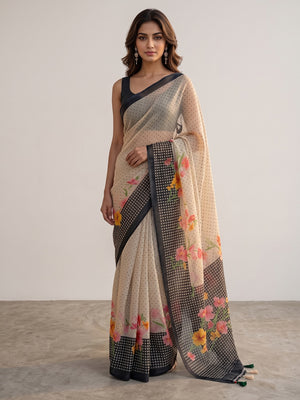 Peachmode Off White Black Floral Soft Linen Saree - Image 1