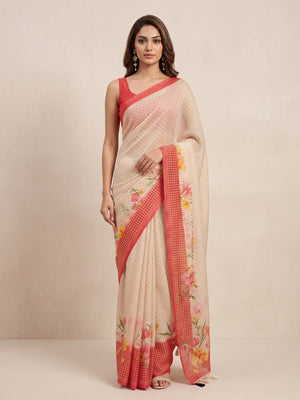 Peachmode Off White Orange Floral Soft Linen Saree - Image 1
