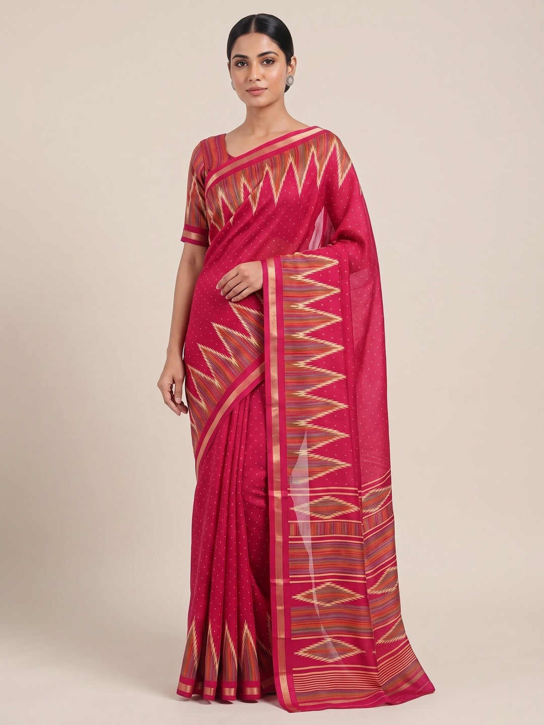 Festive Wear Pink Geometric Printed Tussar Silk Saree with Artistic Pattern - Image 1