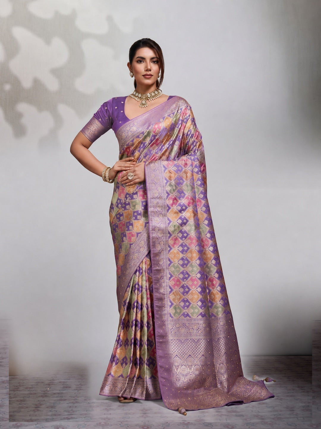 Peachmode Purple Satin Saree - Image 1