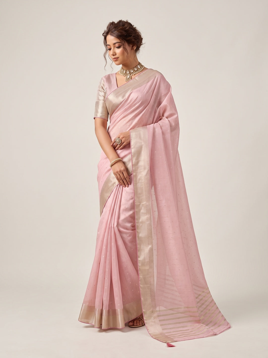 Peachmode Pink Linen Saree - Image 1