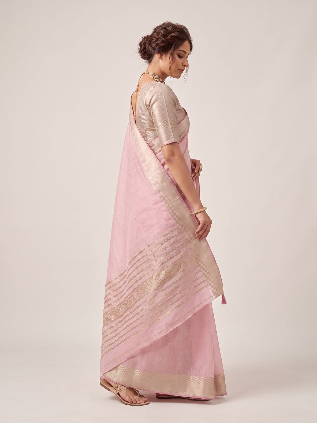 Peachmode Pink Linen Saree - Image 4