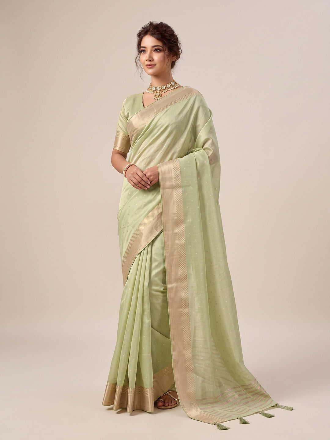 Peachmode Green Linen Saree - Image 1