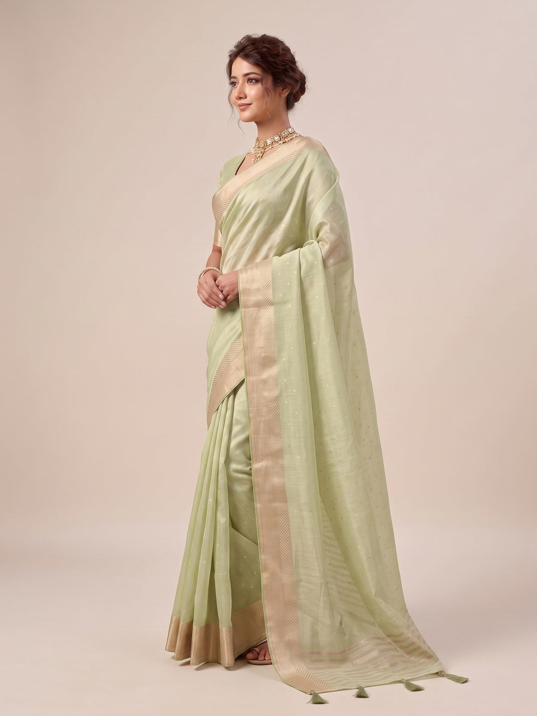 Peachmode Green Linen Saree - Image 4
