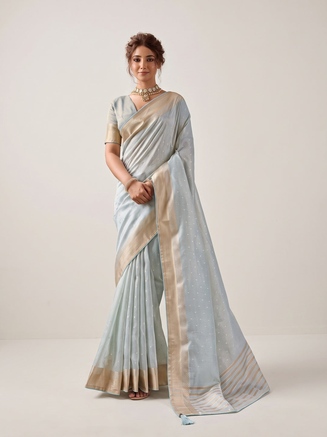 Peachmode Blue Linen Saree - Image 1