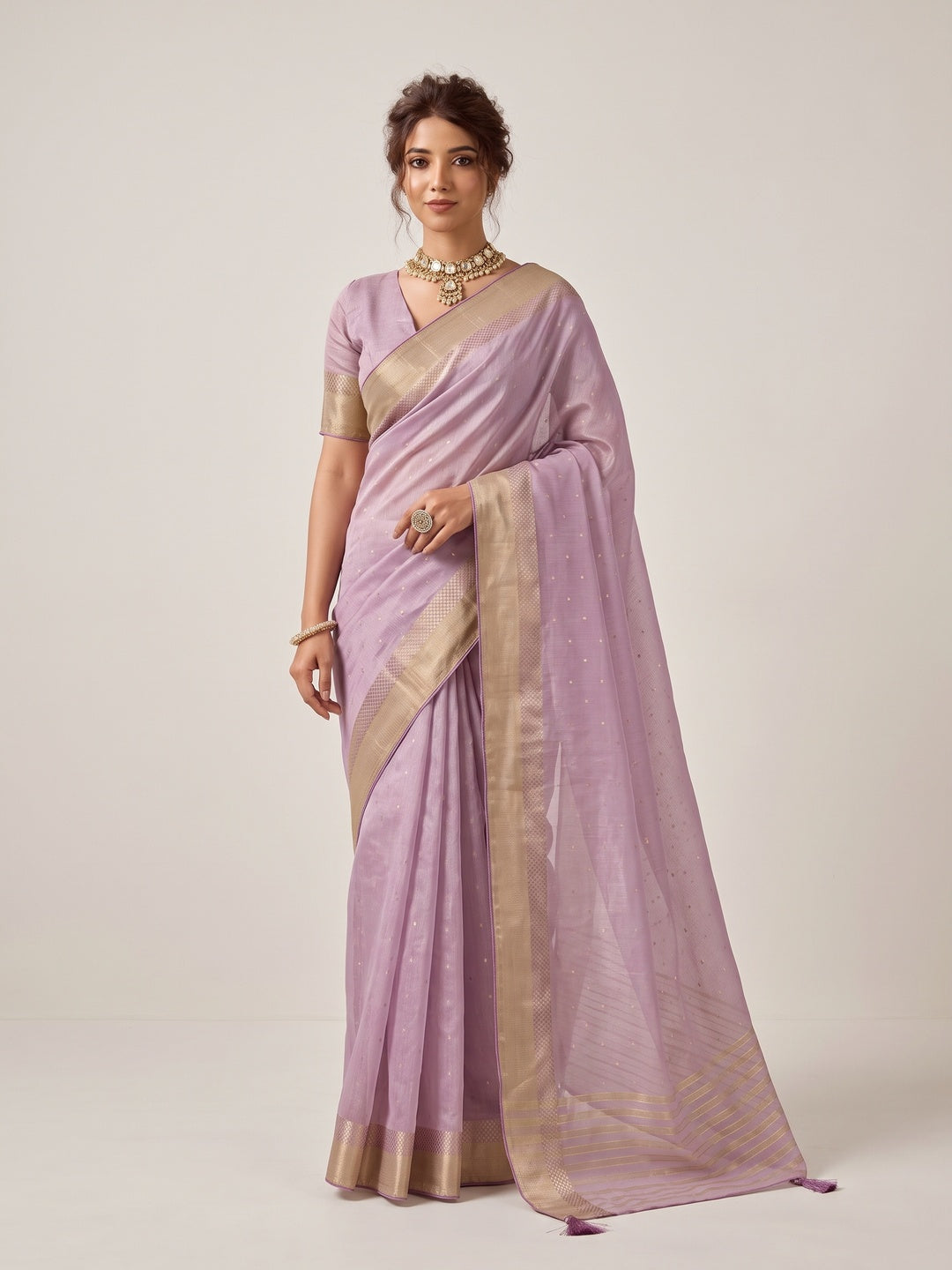Peachmode Lavender Linen Saree - Image 1