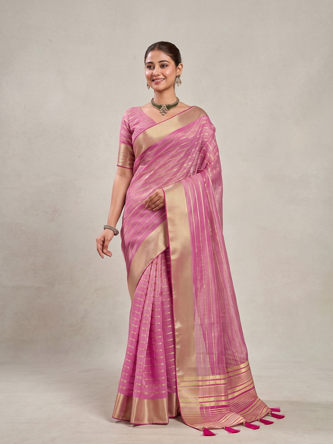 Peachmode Pink Cotton Blend Saree - Image 1