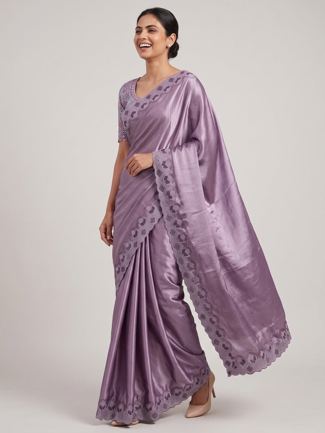 Elegant Lavender Vichitra Silk Saree Adorned with Sparkling Swarovski Work & Jarkan Border - Image 5