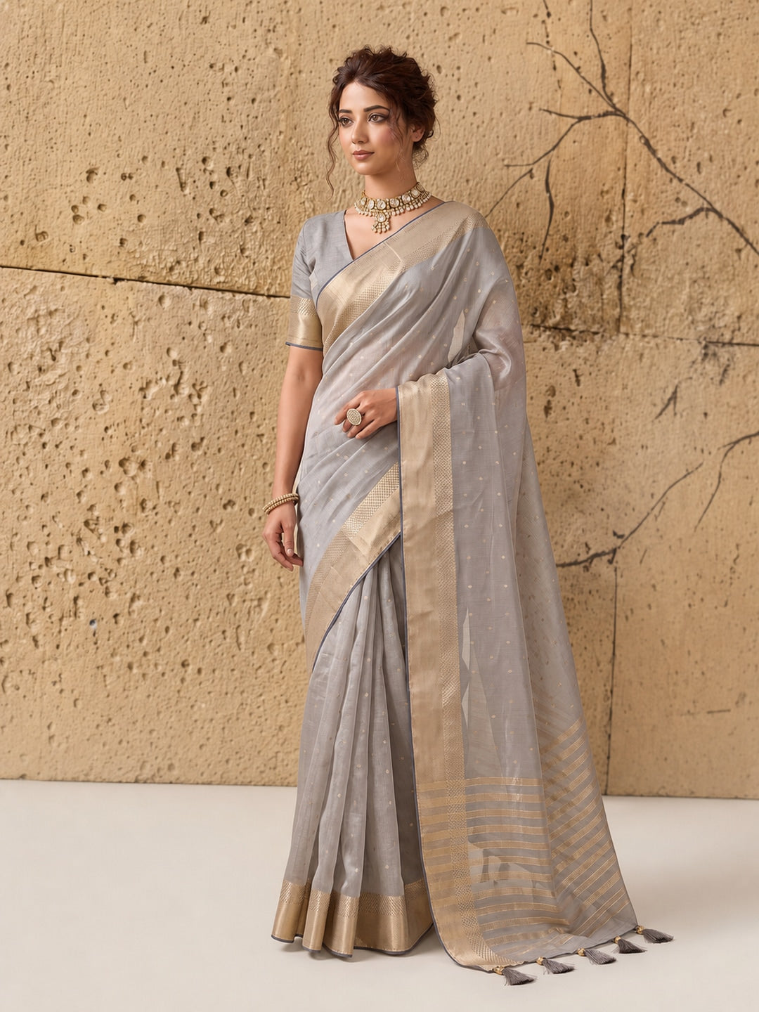 Peachmode Grey Linen Saree - Image 1
