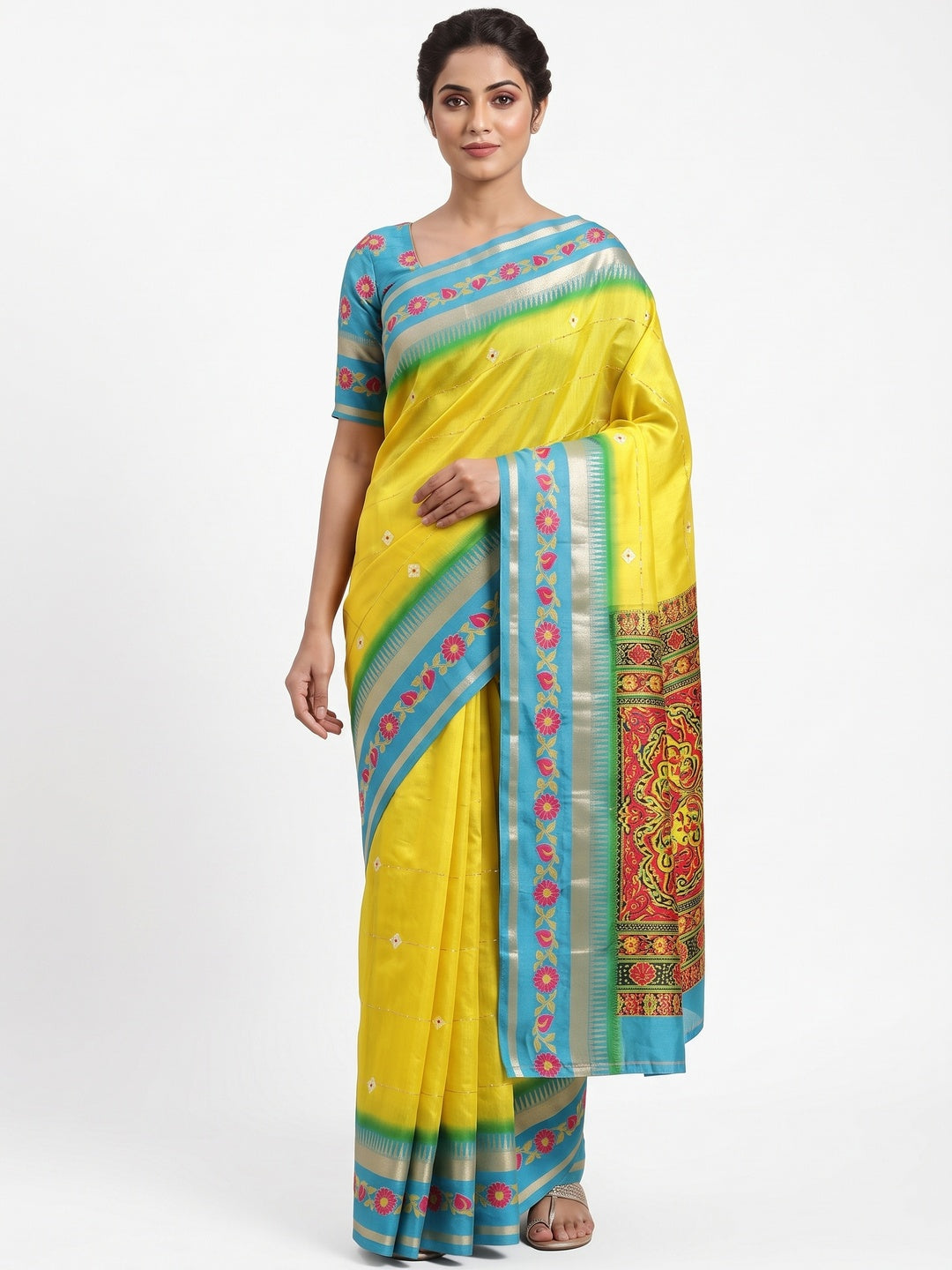Stylish Lemon Yellow Cotton Blend Saree Featuring Bandhani & Floral Prints With Sparkling Sequins - Image 1