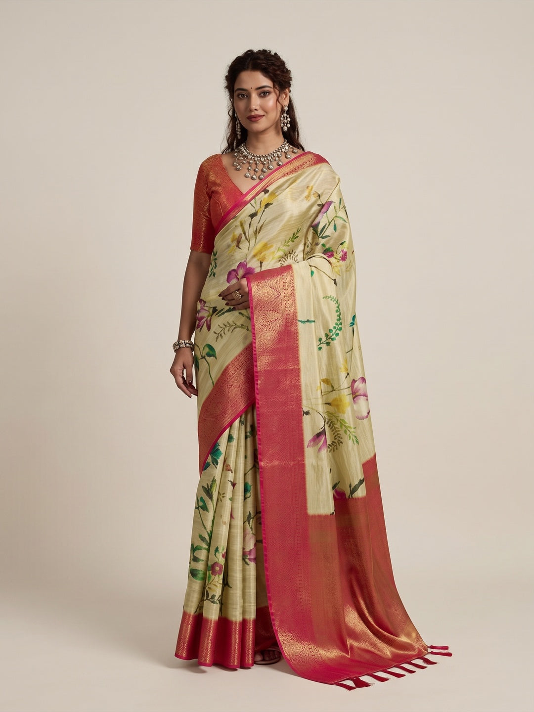 Peachmode Cream Silk Blend Saree - Image 1