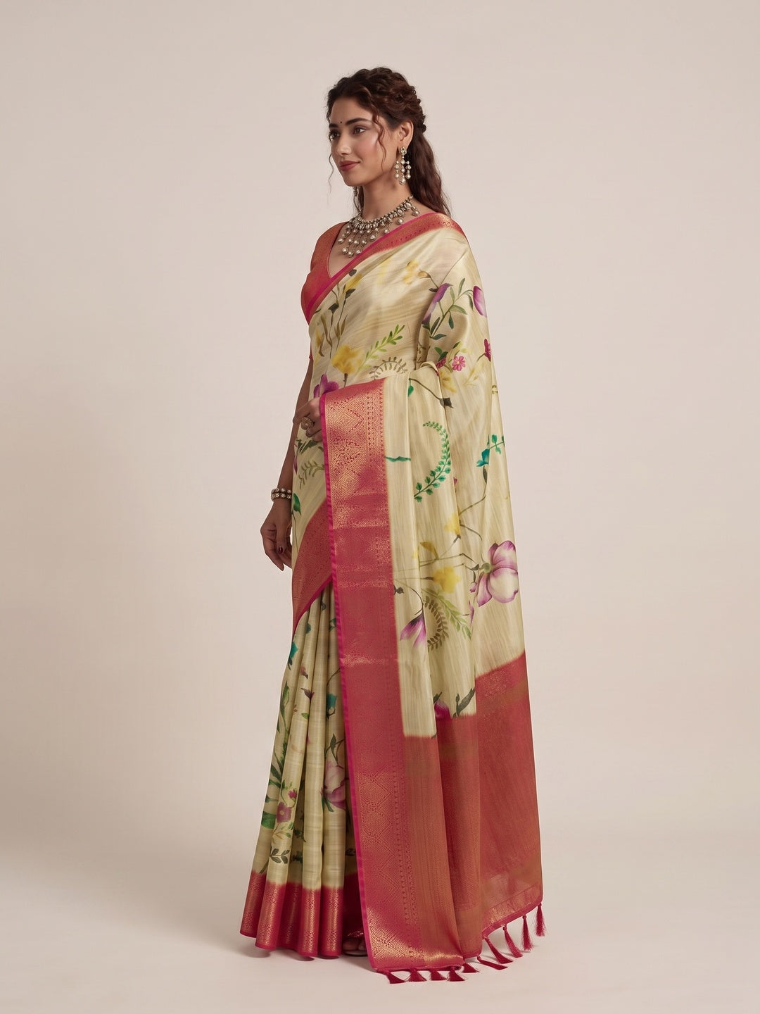 Peachmode Cream Silk Blend Saree - Image 3