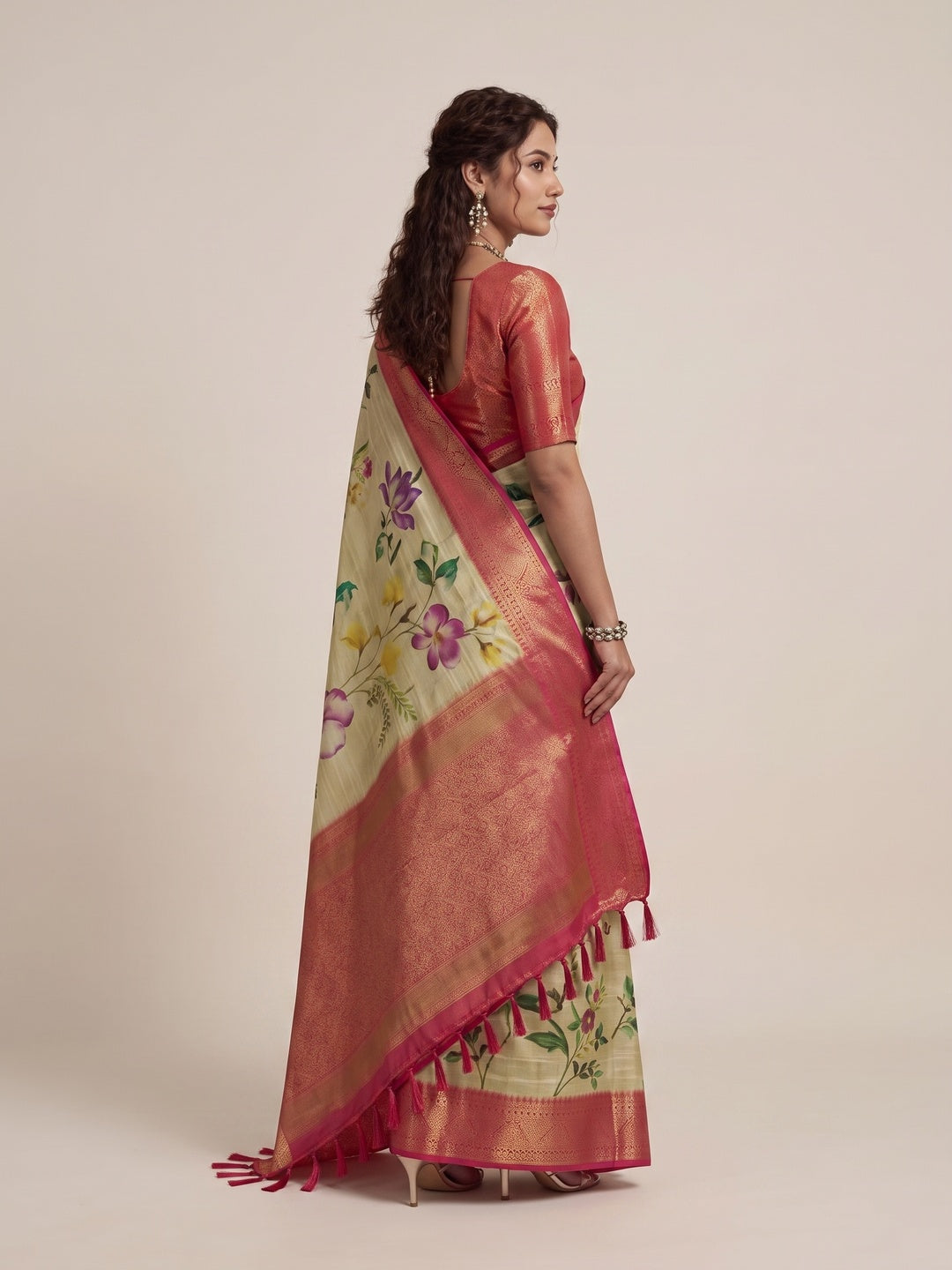 Peachmode Cream Silk Blend Saree - Image 4