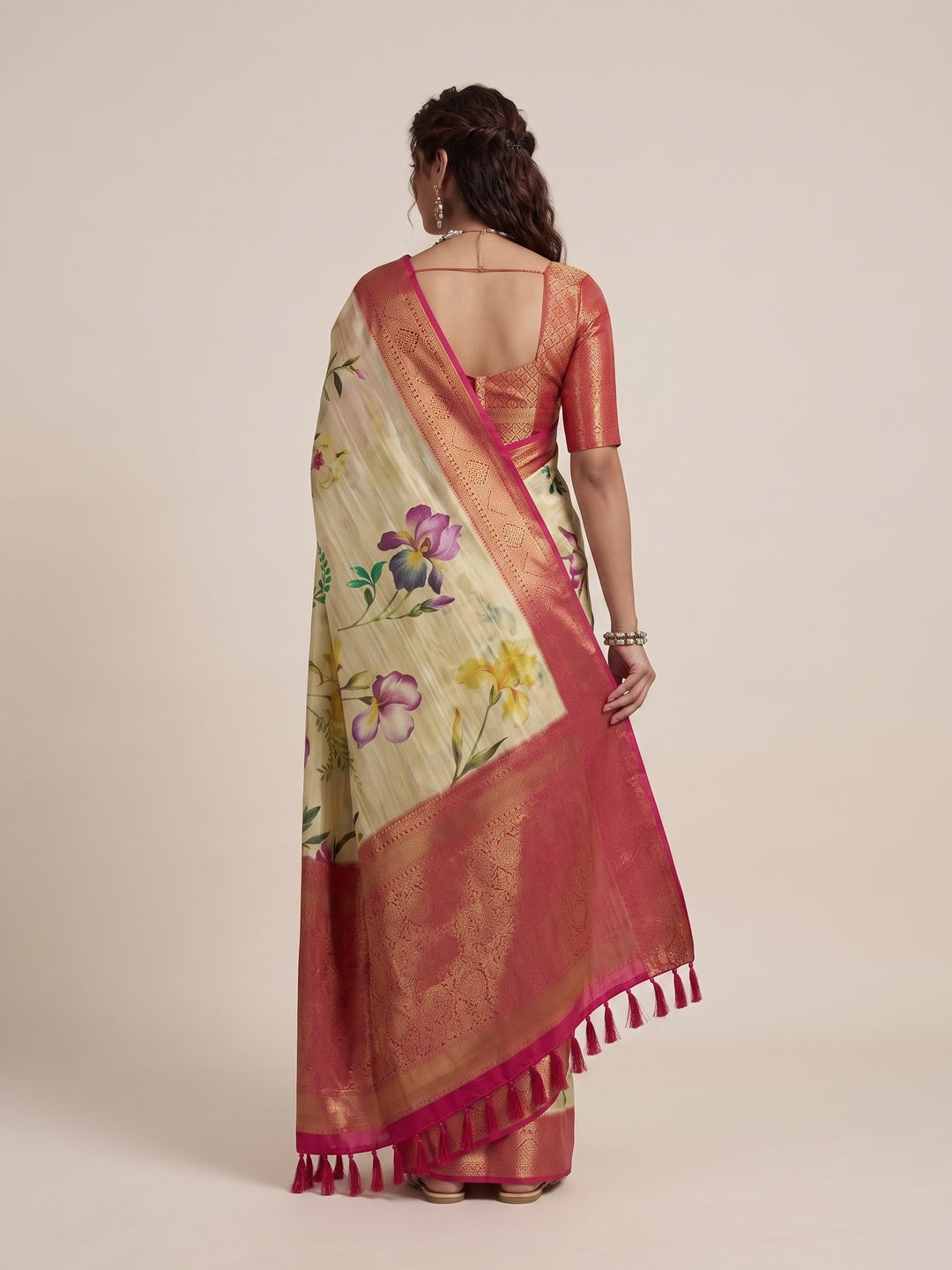 Peachmode Cream Silk Blend Saree - Image 5