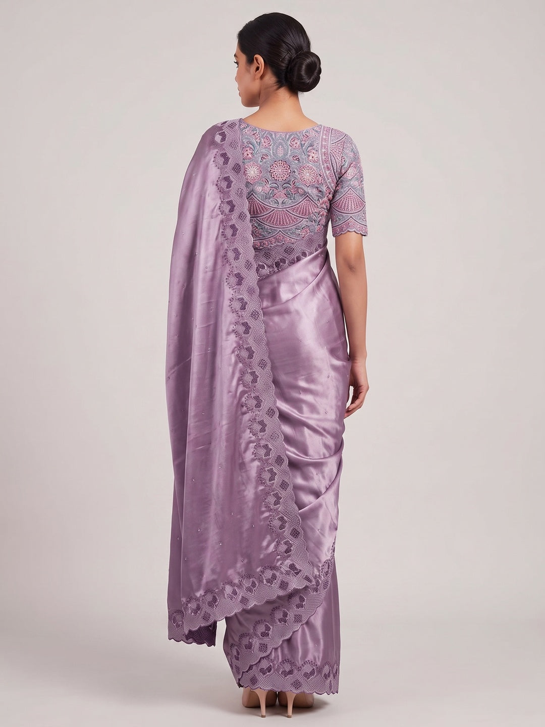 Elegant Lavender Vichitra Silk Saree Adorned with Sparkling Swarovski Work & Jarkan Border - Image 2