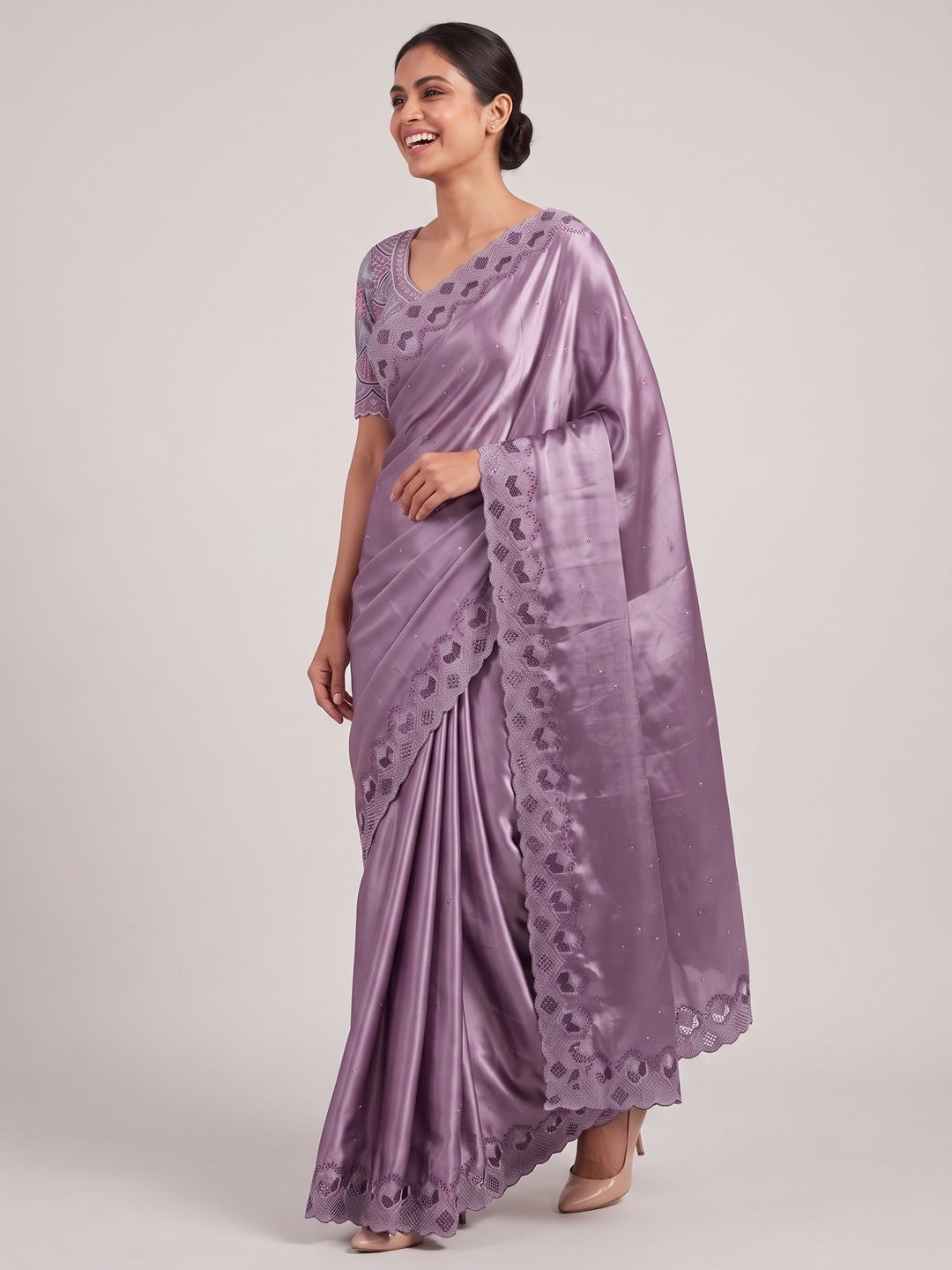 Elegant Lavender Vichitra Silk Saree Adorned with Sparkling Swarovski Work & Jarkan Border - Image 4