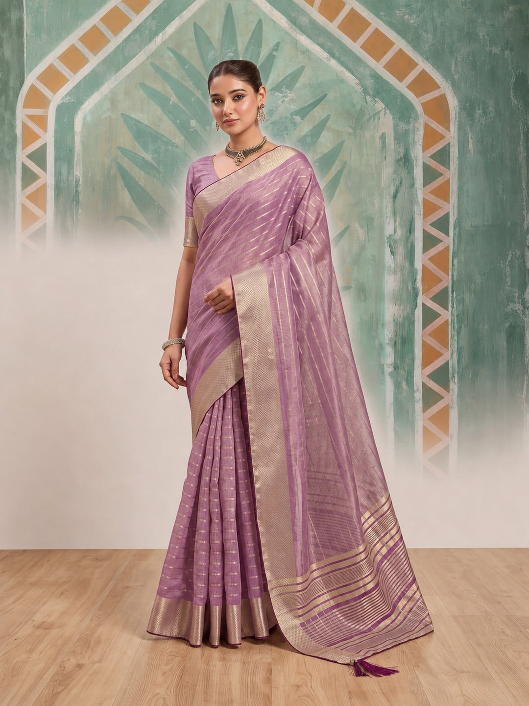 Peachmode Lavender Cotton Blend Saree - Image 1