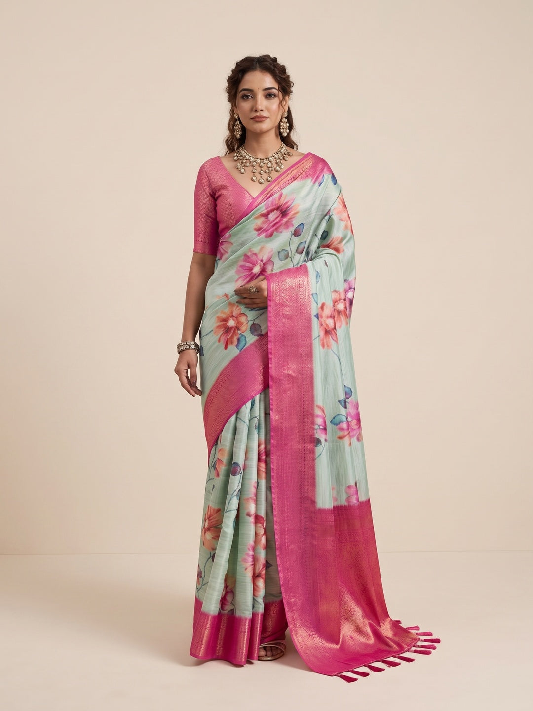 Peachmode Green Silk Blend Saree - Image 1