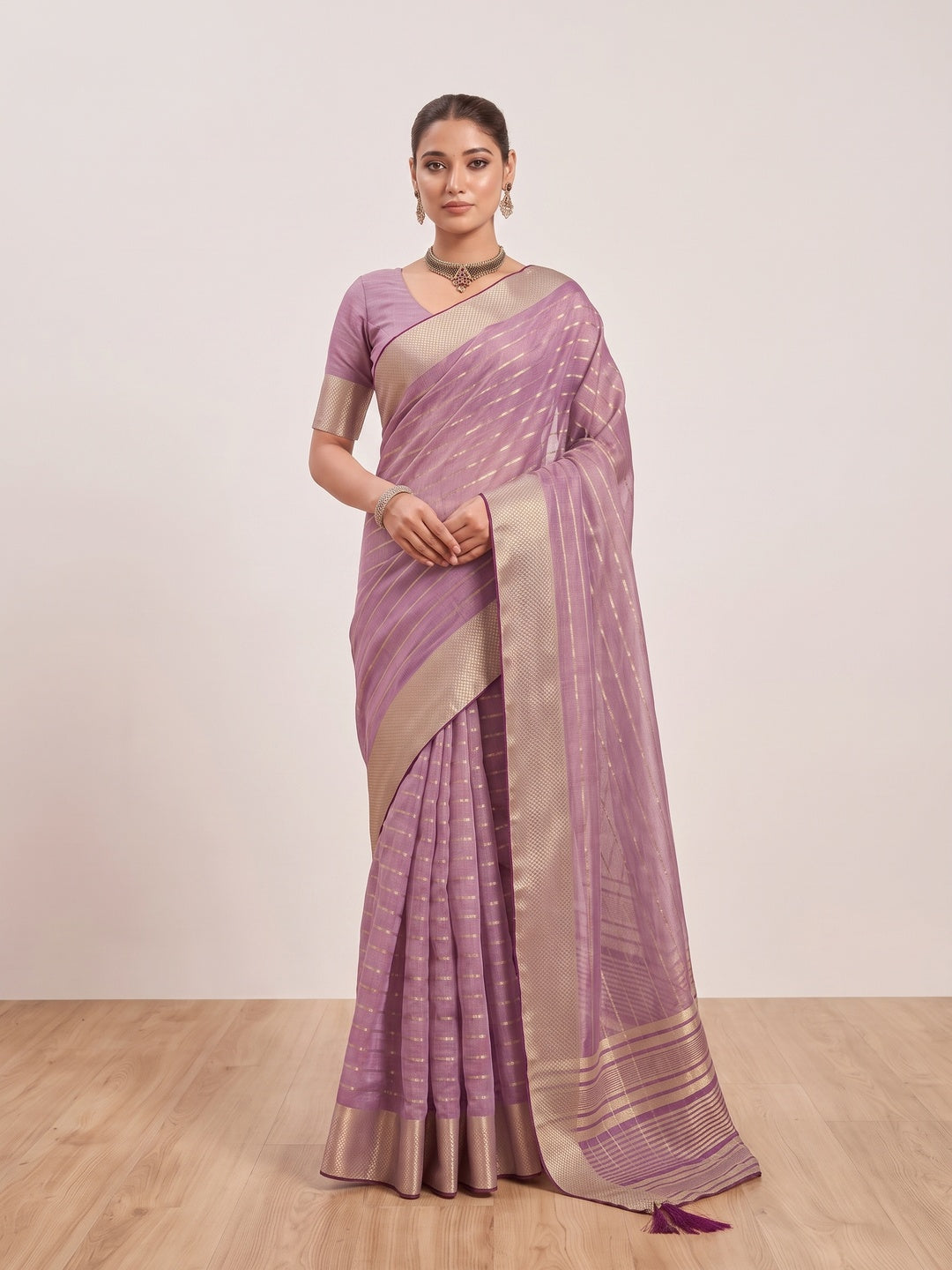 Peachmode Lavender Cotton Blend Saree - Image 2