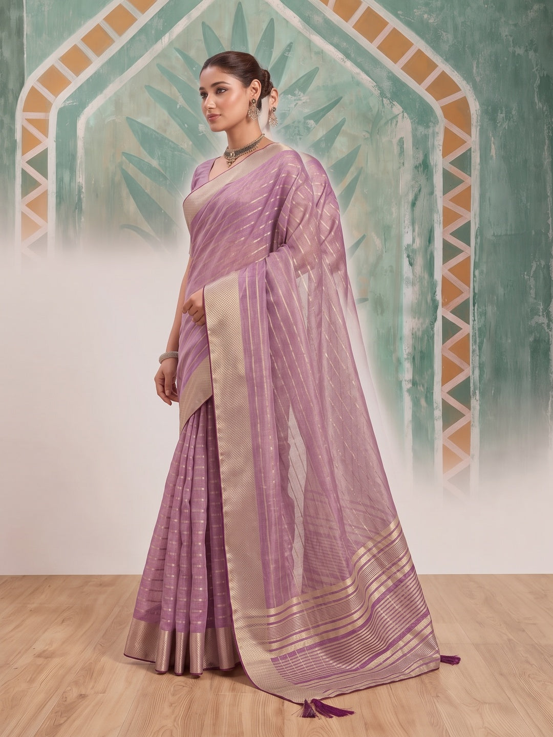Peachmode Lavender Cotton Blend Saree - Image 3