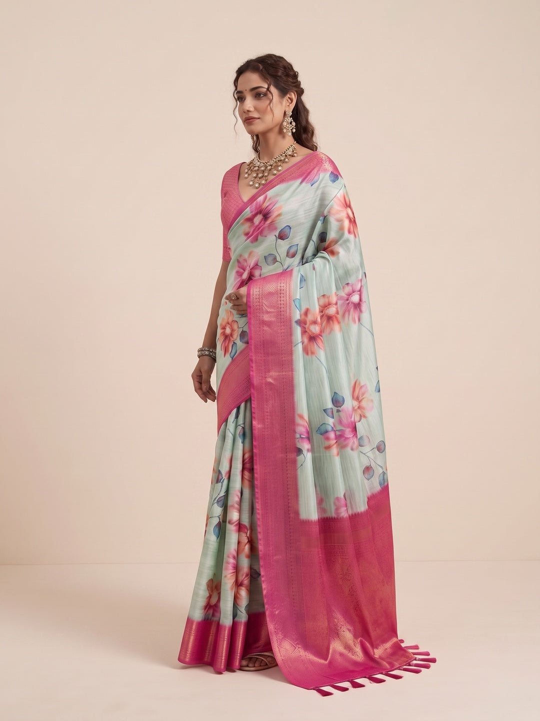 Peachmode Green Silk Blend Saree - Image 4