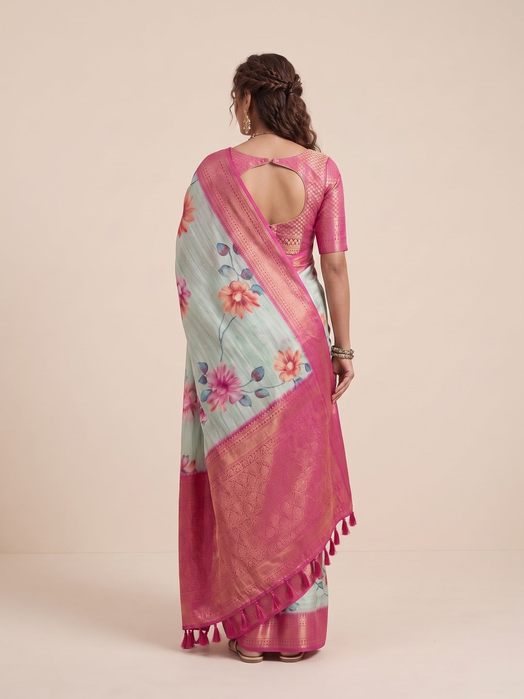 Peachmode Green Silk Blend Saree - Image 5