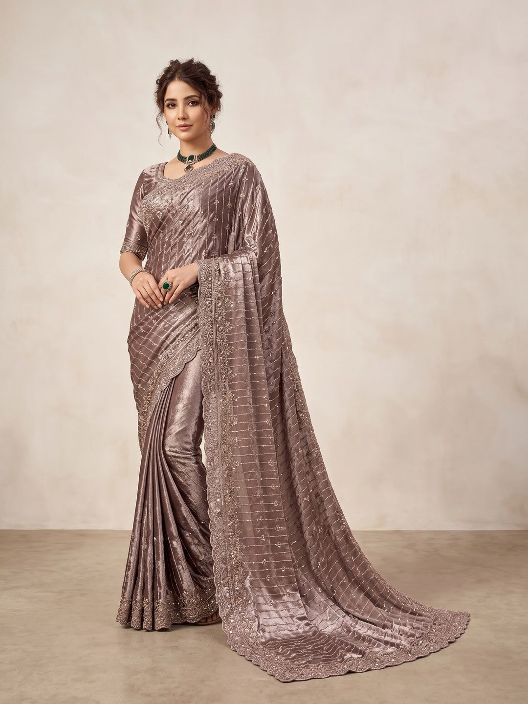 Peachmode Brown Satin Saree - Image 1