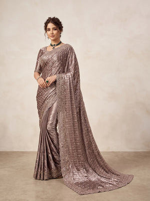 Peachmode Brown Satin Saree - Image 1