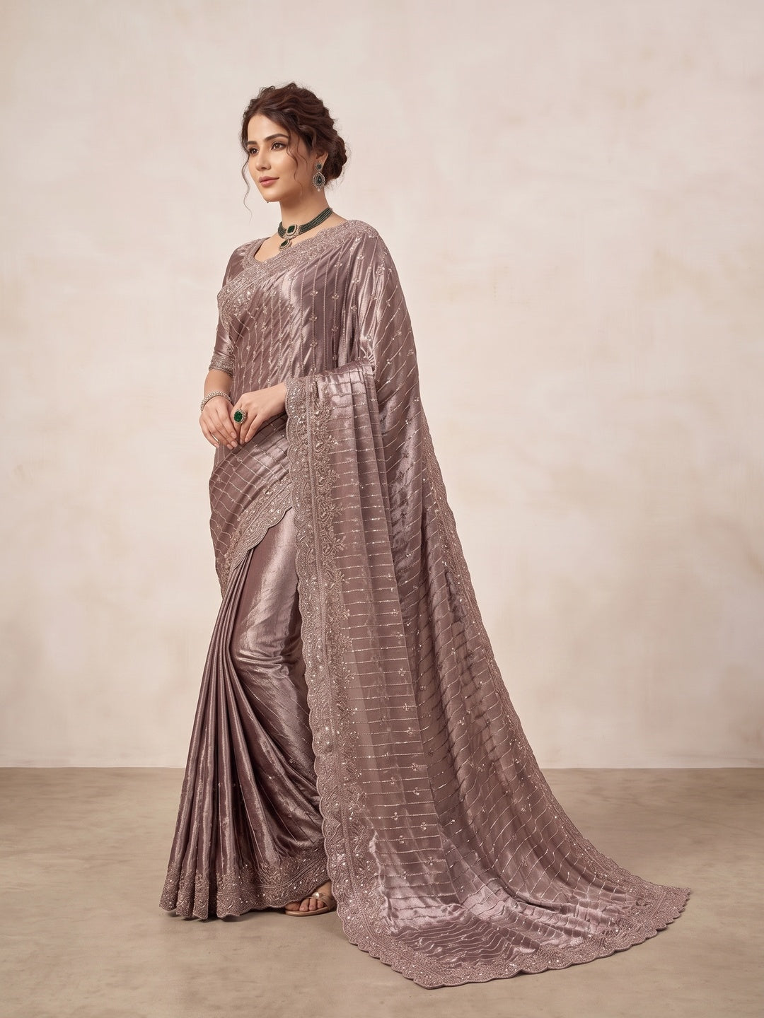 Peachmode Brown Satin Saree - Image 3