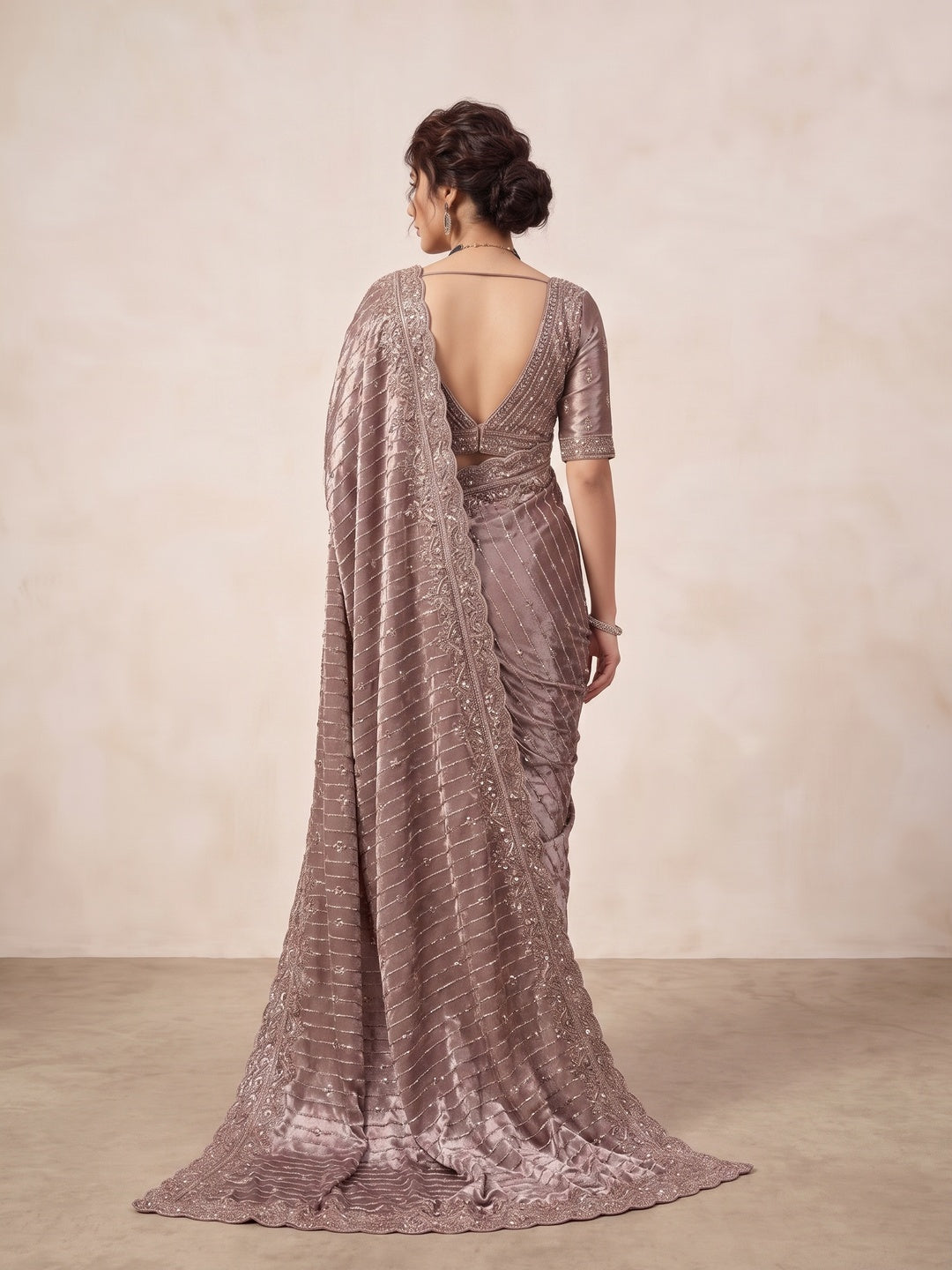 Peachmode Brown Satin Saree - Image 5