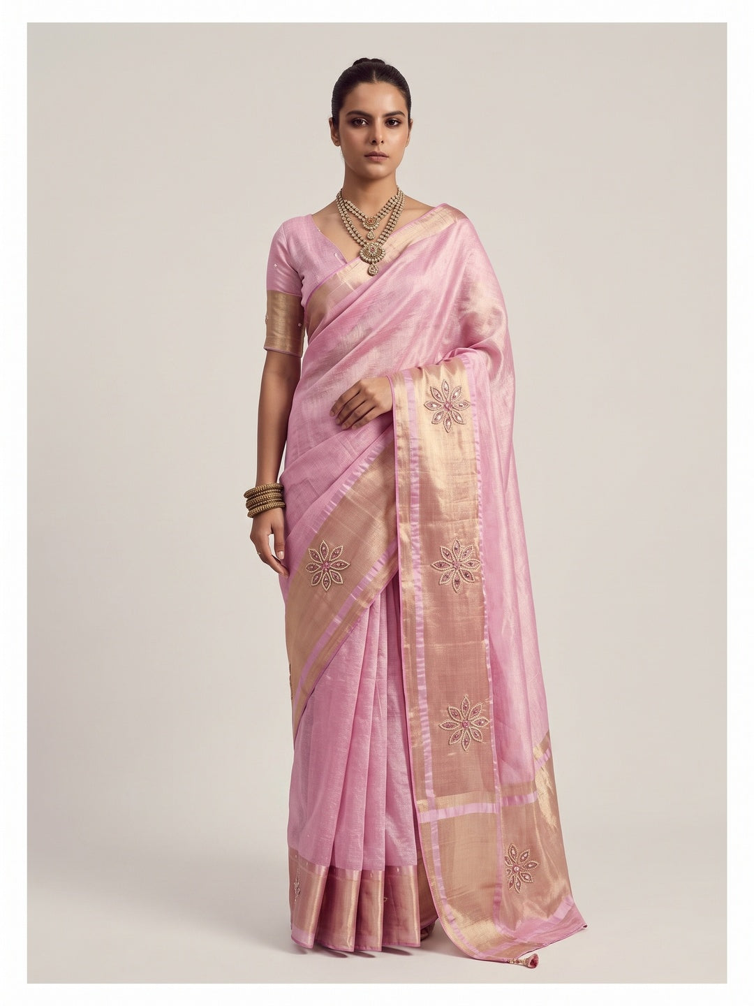 Peachmode Pink Cotton Blend Saree - Image 1