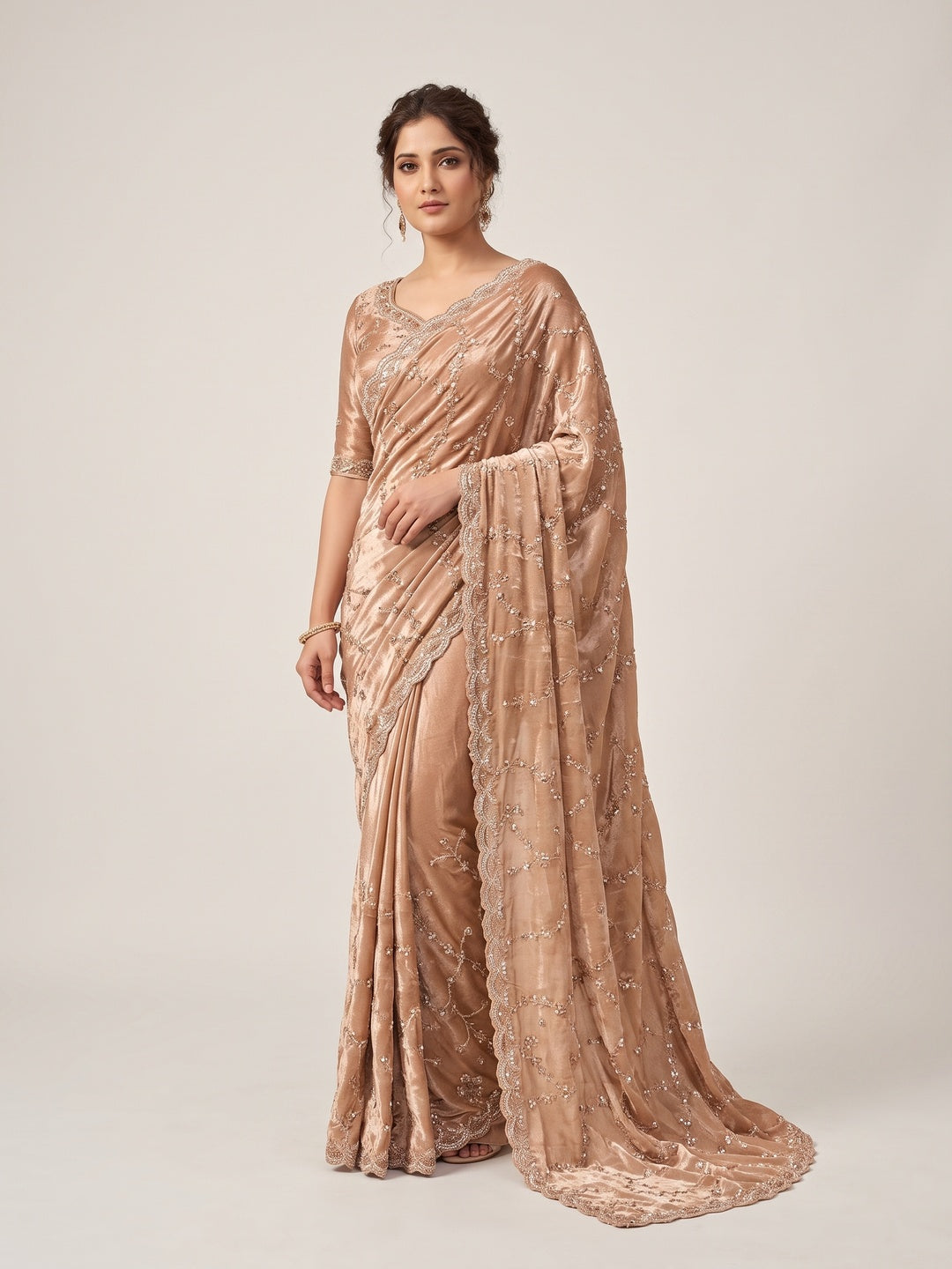 Peachmode Peach Satin Saree - Image 1