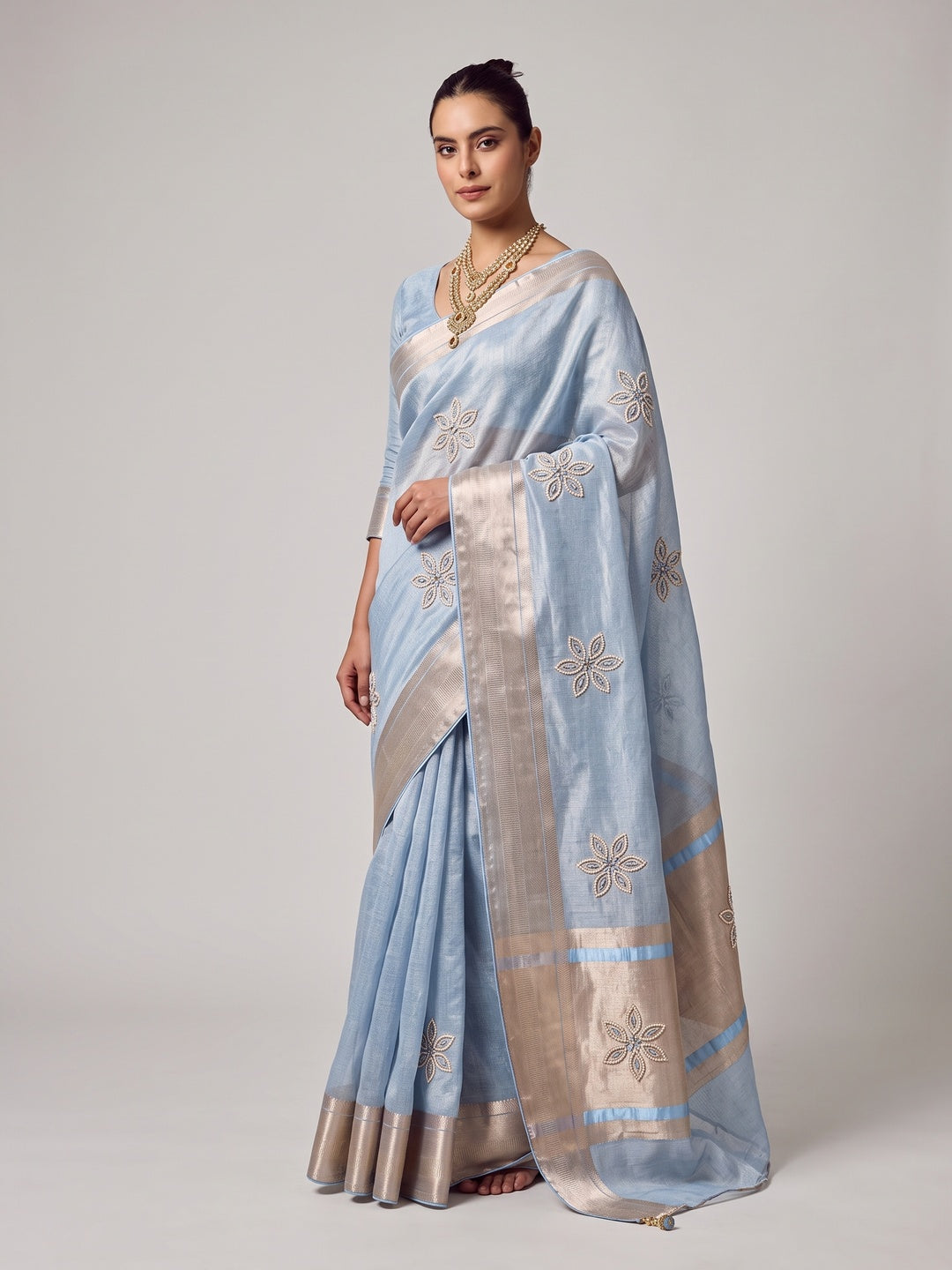 Peachmode Blue Cotton Blend Saree - Image 1