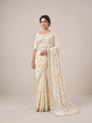 Peachmode Cream Satin Saree - Image 1