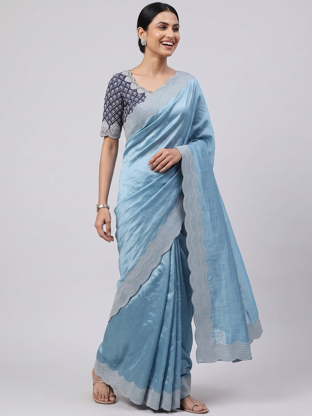 Sky Blue Shimmering Swarovski Embroidered Vichitra Silk Saree - Image 5