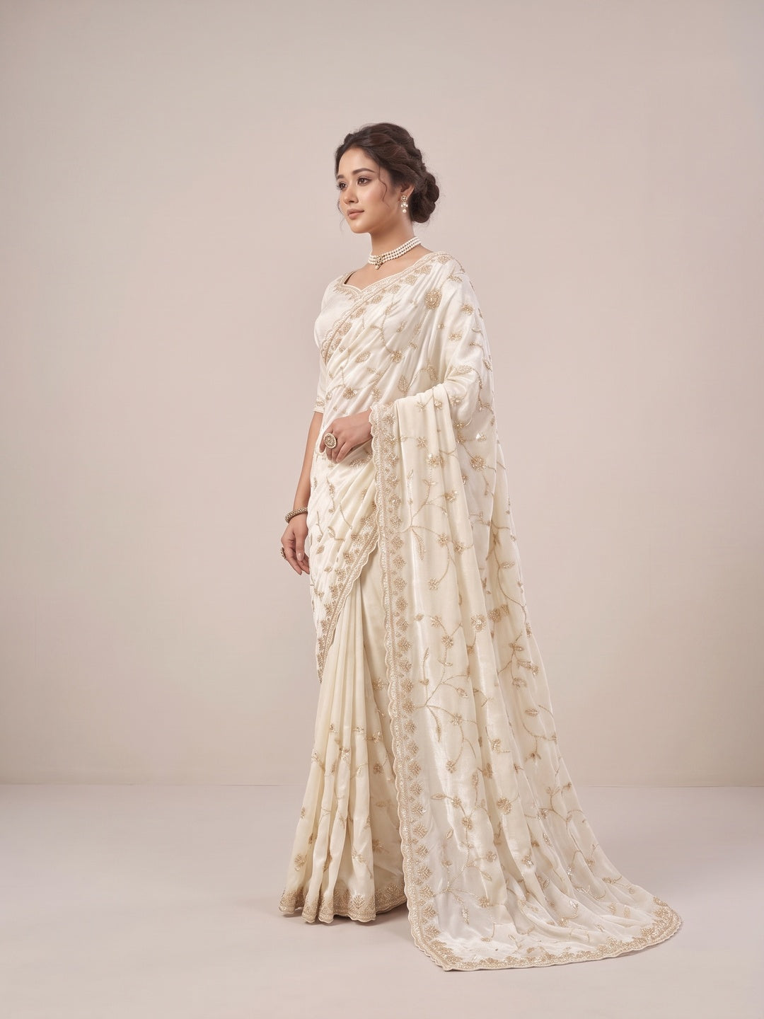 Peachmode Cream Satin Saree - Image 4