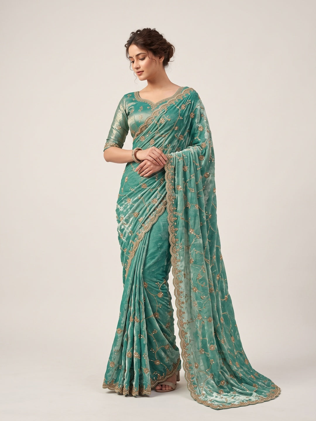 Peachmode Green Satin Saree - Image 1