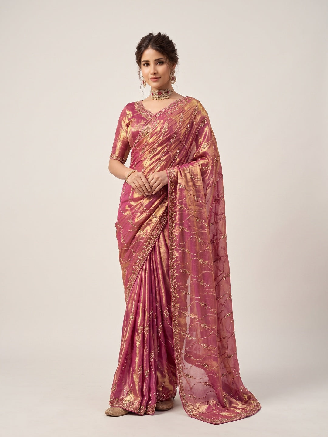 Peachmode Pink Satin Saree - Image 1