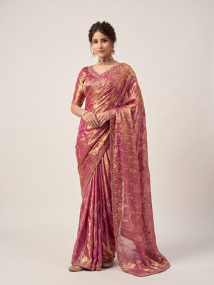 Peachmode Pink Satin Saree - Image 1