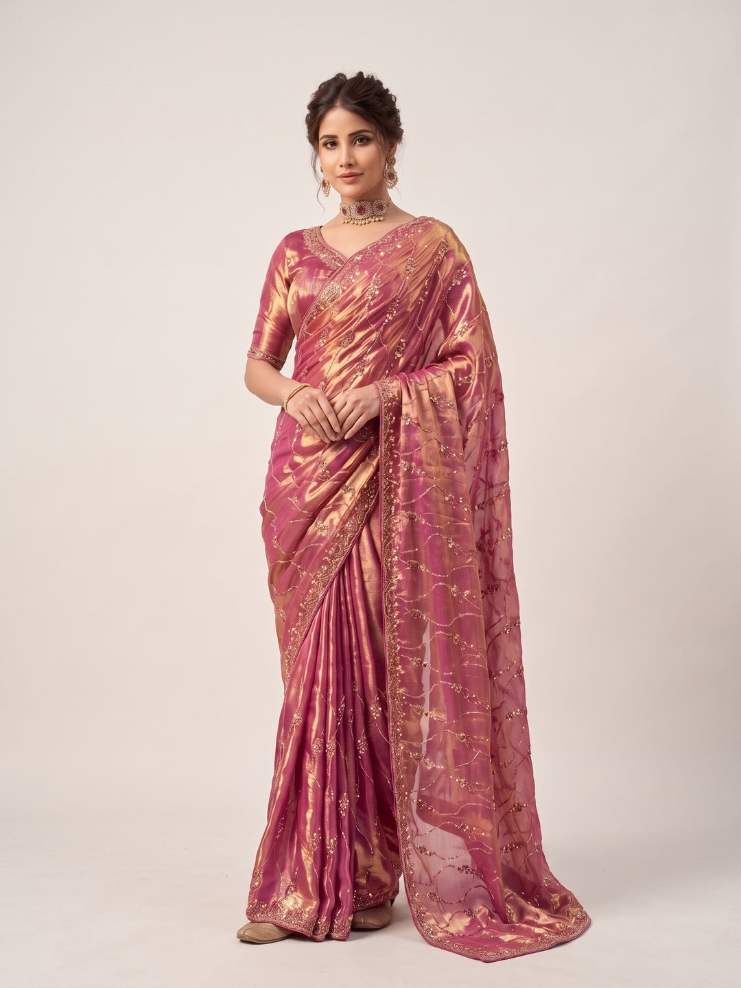 Peachmode Pink Satin Saree - Image 2