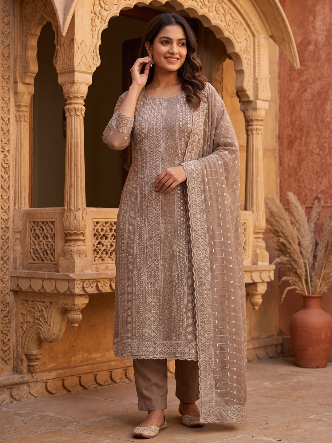 Brown Festive Wear Embroidered Georgette Dress Material - Image 4