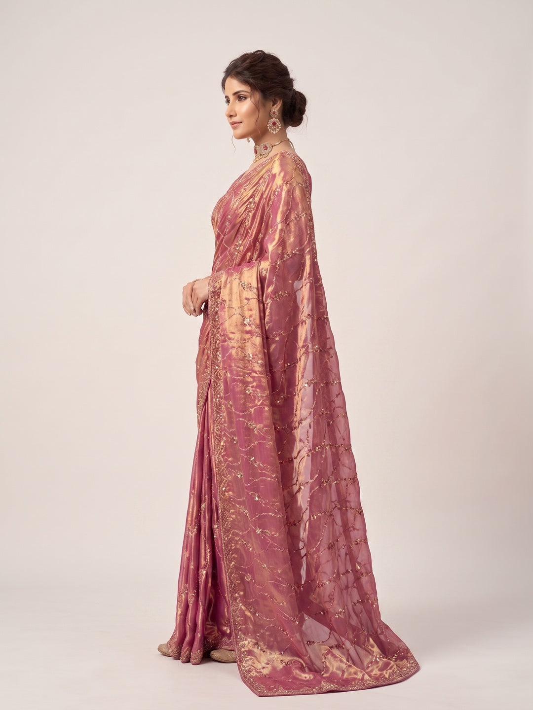 Peachmode Pink Satin Saree - Image 3