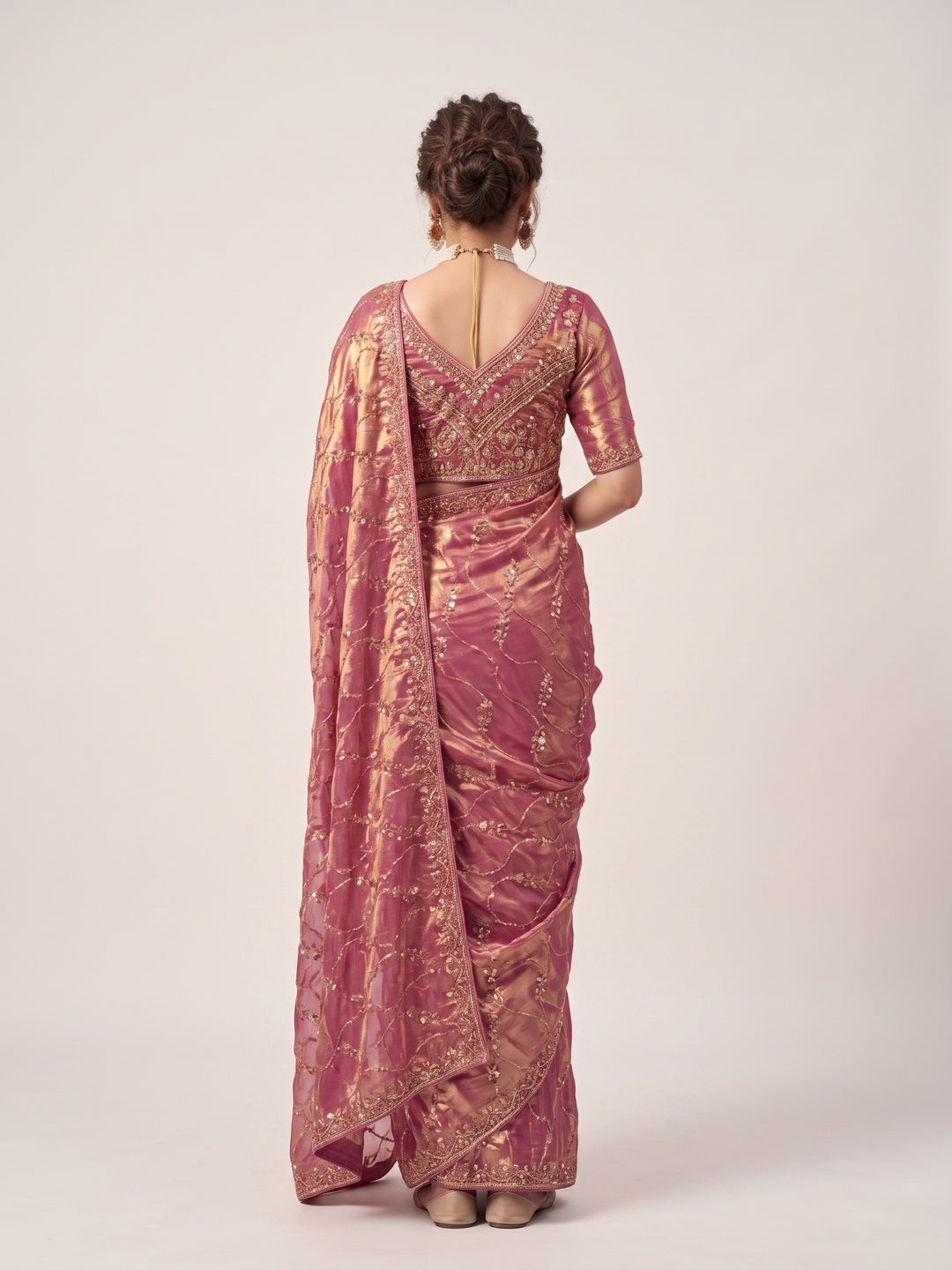 Peachmode Pink Satin Saree - Image 5