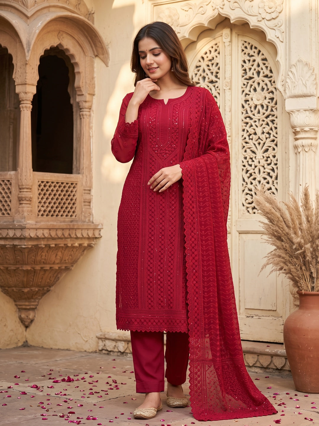 Maroon Lucknowi Embroidered Georgette Suit - Image 4