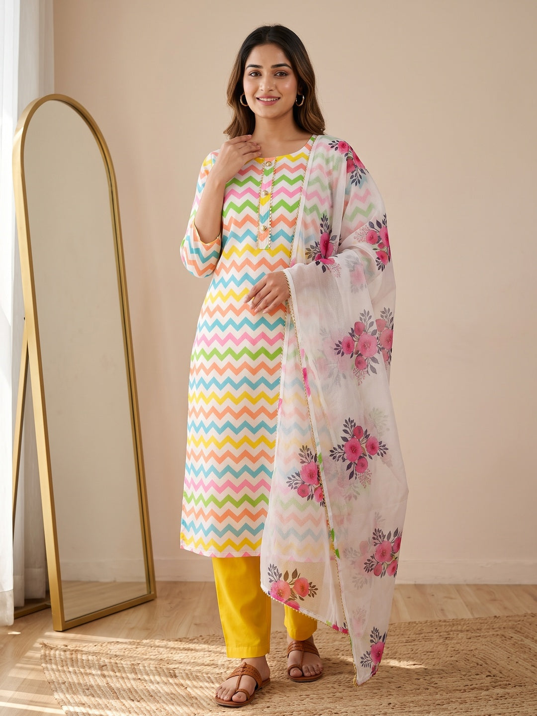Multicolour Printed Kota Doriya Dress Material - Image 4