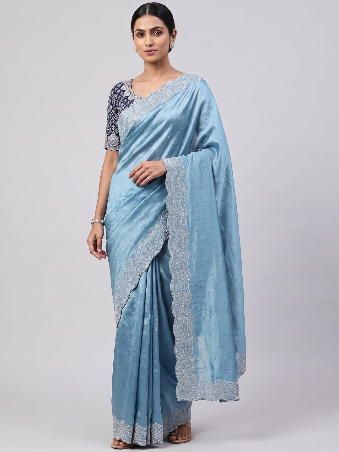 Sky Blue Shimmering Swarovski Embroidered Vichitra Silk Saree - Image 1