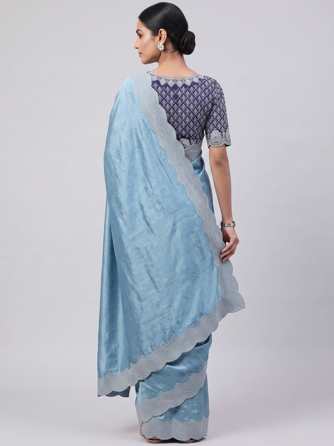 Sky Blue Shimmering Swarovski Embroidered Vichitra Silk Saree - Image 2
