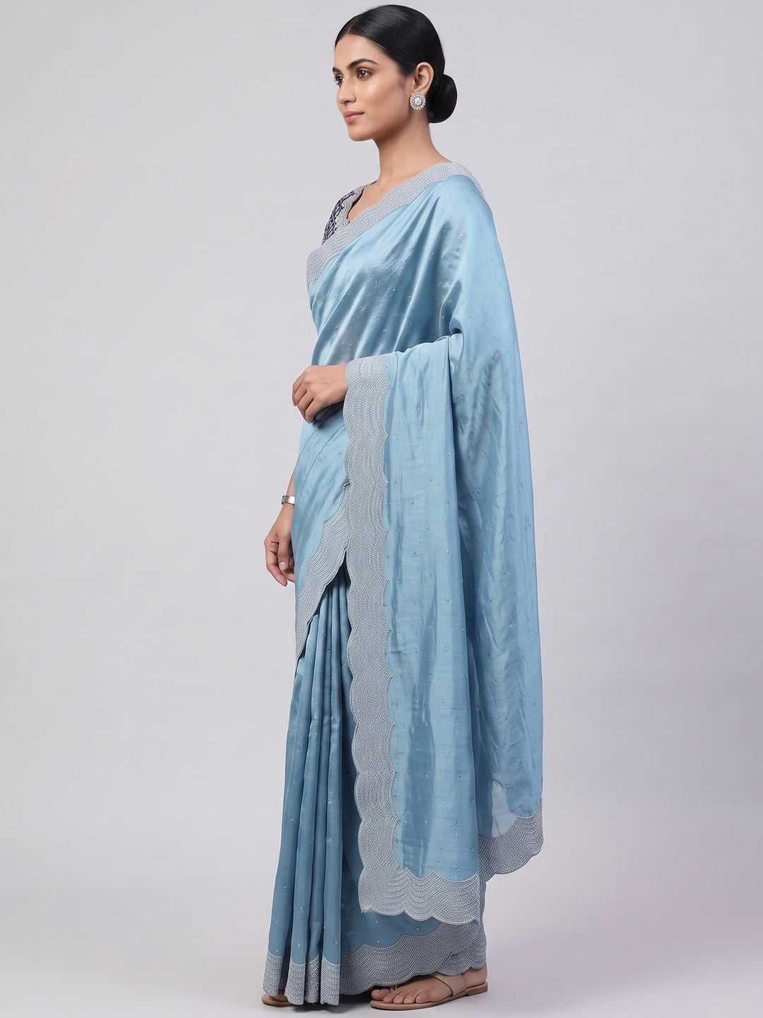 Sky Blue Shimmering Swarovski Embroidered Vichitra Silk Saree - Image 3