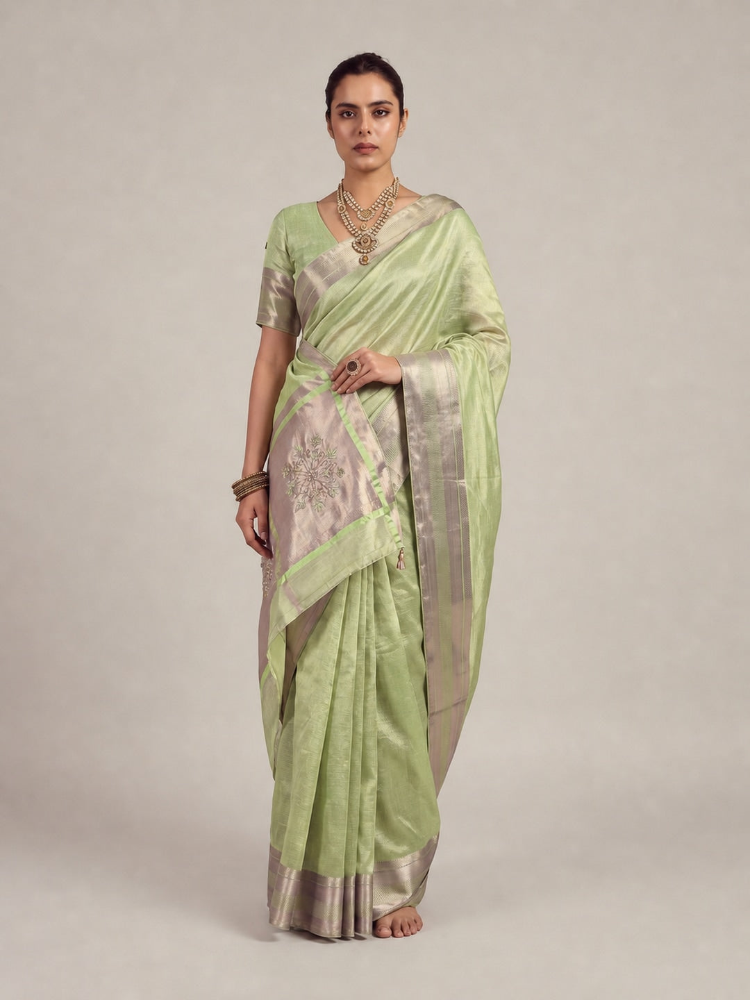 Peachmode Green Cotton Blend Saree - Image 1